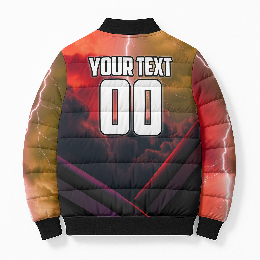 Personalized Brisbane Broncos vs Dolphins Bomber Puffer Jacket Battle Epic Lightning Storm Mascot