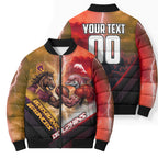 Personalized Brisbane Broncos vs Dolphins Bomber Puffer Jacket Battle Epic Lightning Storm Mascot