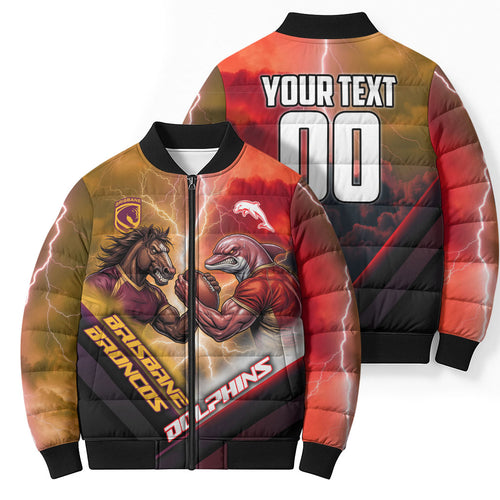 Personalized Brisbane Broncos vs Dolphins Bomber Puffer Jacket Battle Epic Lightning Storm Mascot