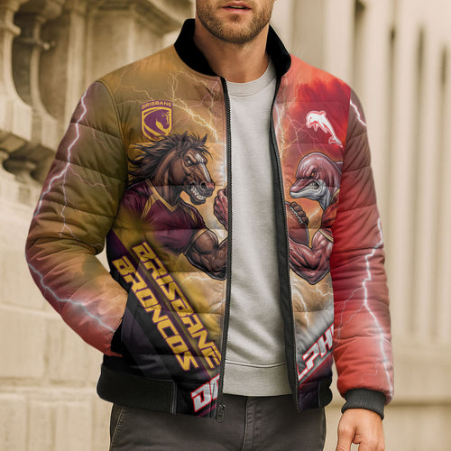 Personalized Brisbane Broncos vs Dolphins Bomber Puffer Jacket Battle Epic Lightning Storm Mascot
