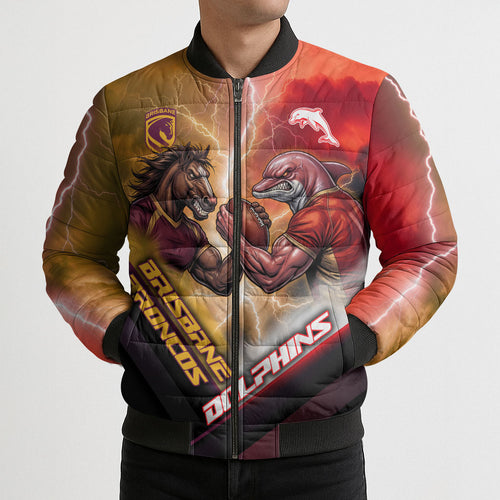 Personalized Brisbane Broncos vs Dolphins Bomber Puffer Jacket Battle Epic Lightning Storm Mascot