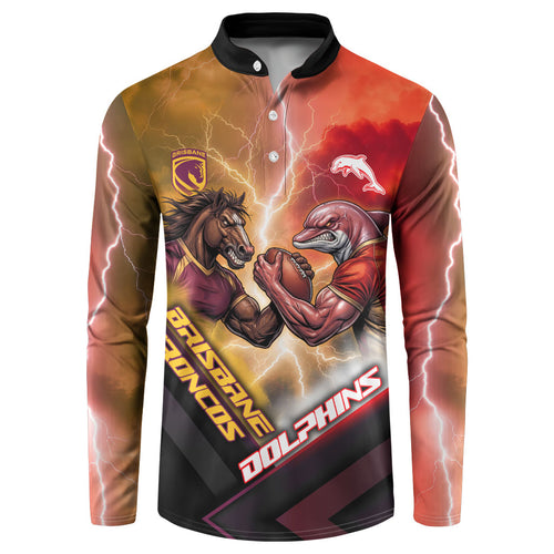 Personalized Brisbane Broncos vs Dolphins Button Sweatshirt Battle Epic Lightning Storm Mascot