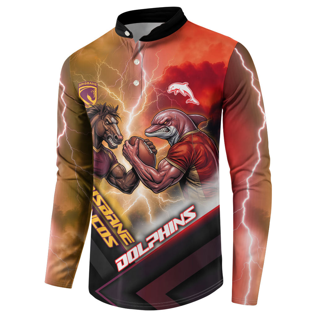 Personalized Brisbane Broncos vs Dolphins Button Sweatshirt Battle Epic Lightning Storm Mascot