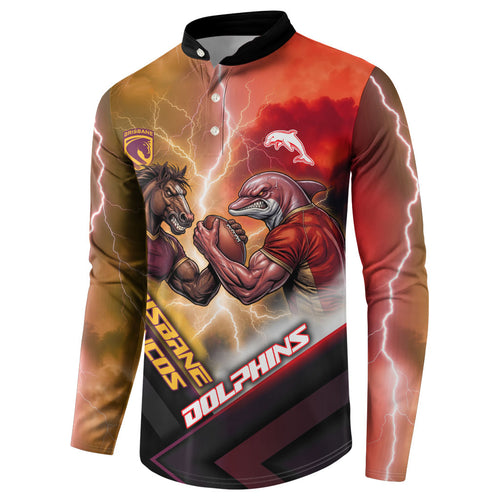 Personalized Brisbane Broncos vs Dolphins Button Sweatshirt Battle Epic Lightning Storm Mascot