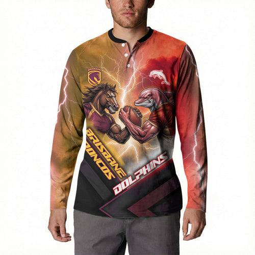 Personalized Brisbane Broncos vs Dolphins Button Sweatshirt Battle Epic Lightning Storm Mascot