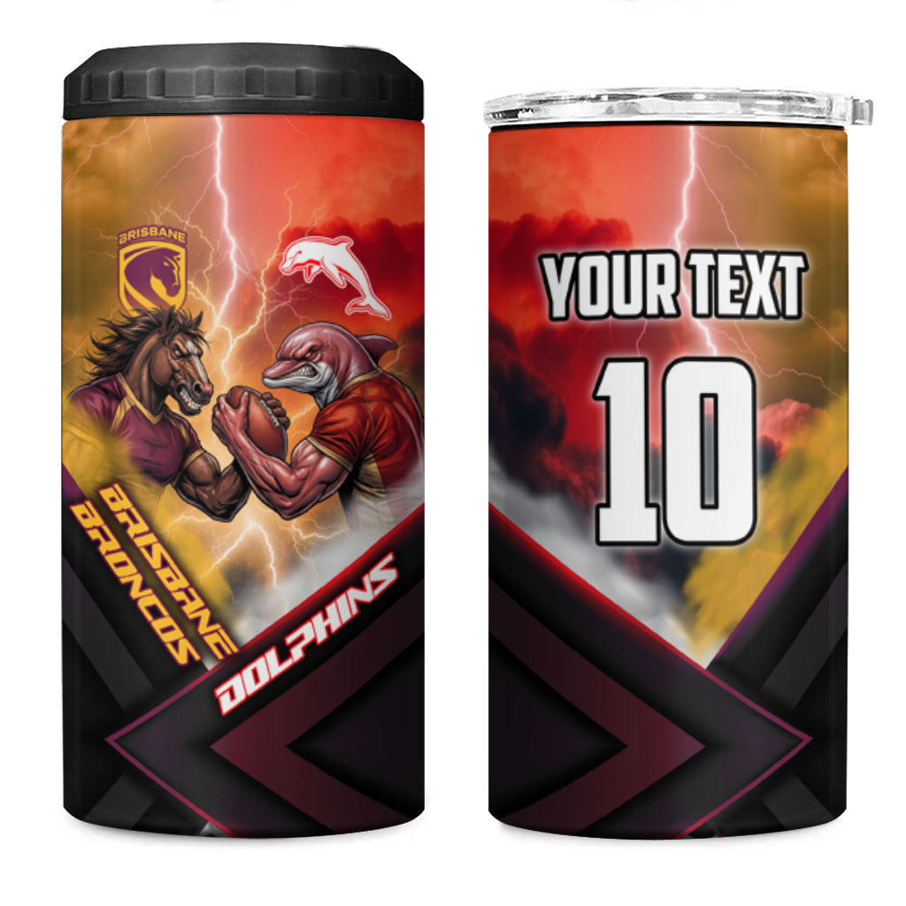 Personalized Brisbane Broncos vs Dolphins 4 in 1 Can Cooler Tumbler Battle Epic Lightning Storm Mascot
