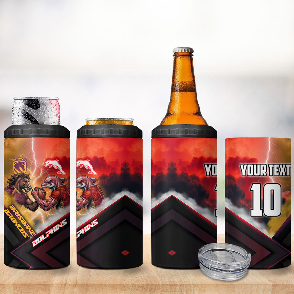 Personalized Brisbane Broncos vs Dolphins 4 in 1 Can Cooler Tumbler Battle Epic Lightning Storm Mascot