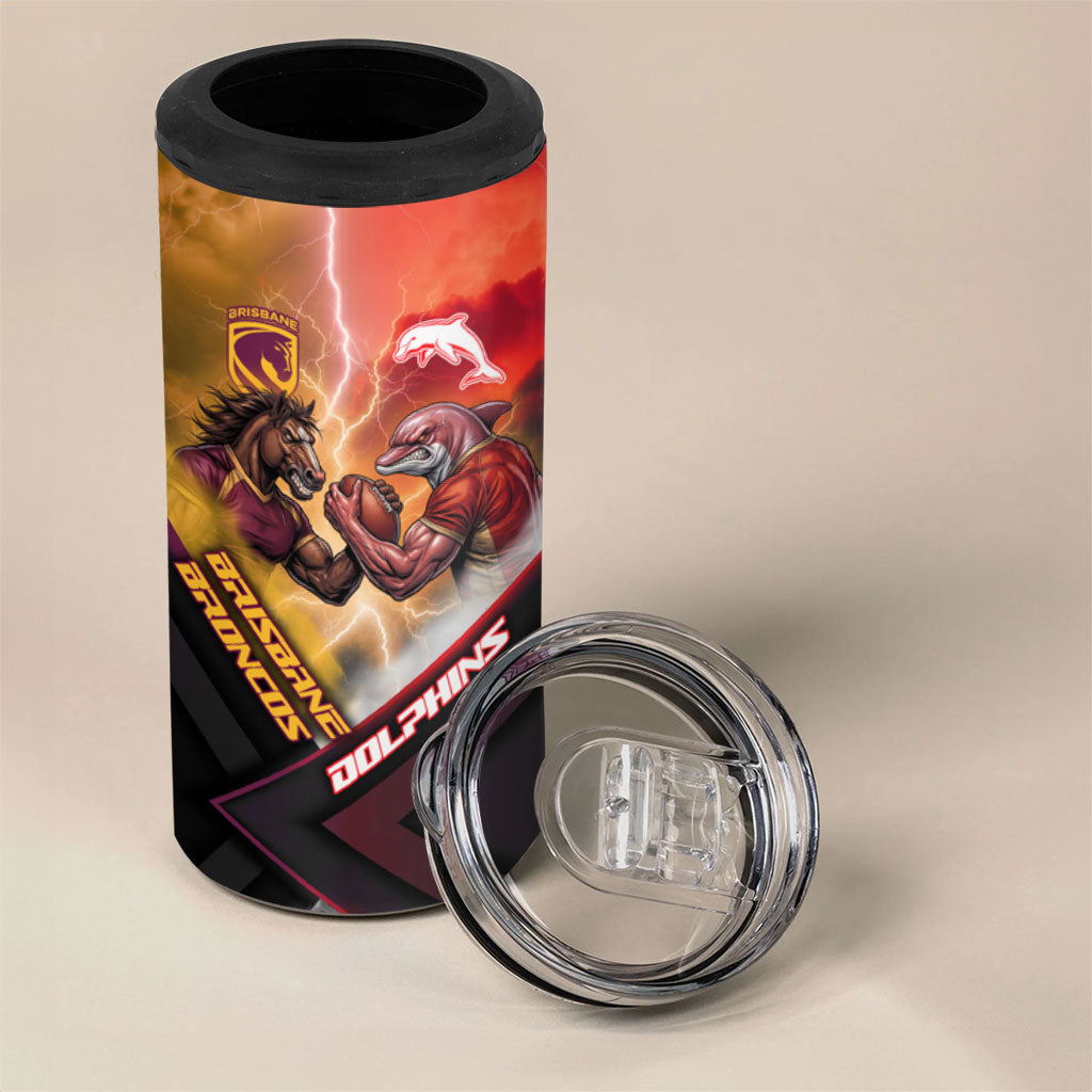 Personalized Brisbane Broncos vs Dolphins 4 in 1 Can Cooler Tumbler Battle Epic Lightning Storm Mascot