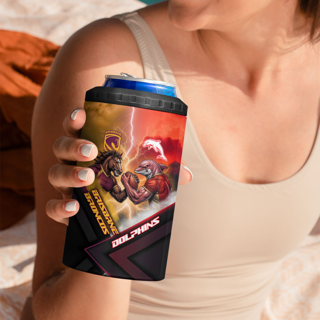Personalized Brisbane Broncos vs Dolphins 4 in 1 Can Cooler Tumbler Battle Epic Lightning Storm Mascot