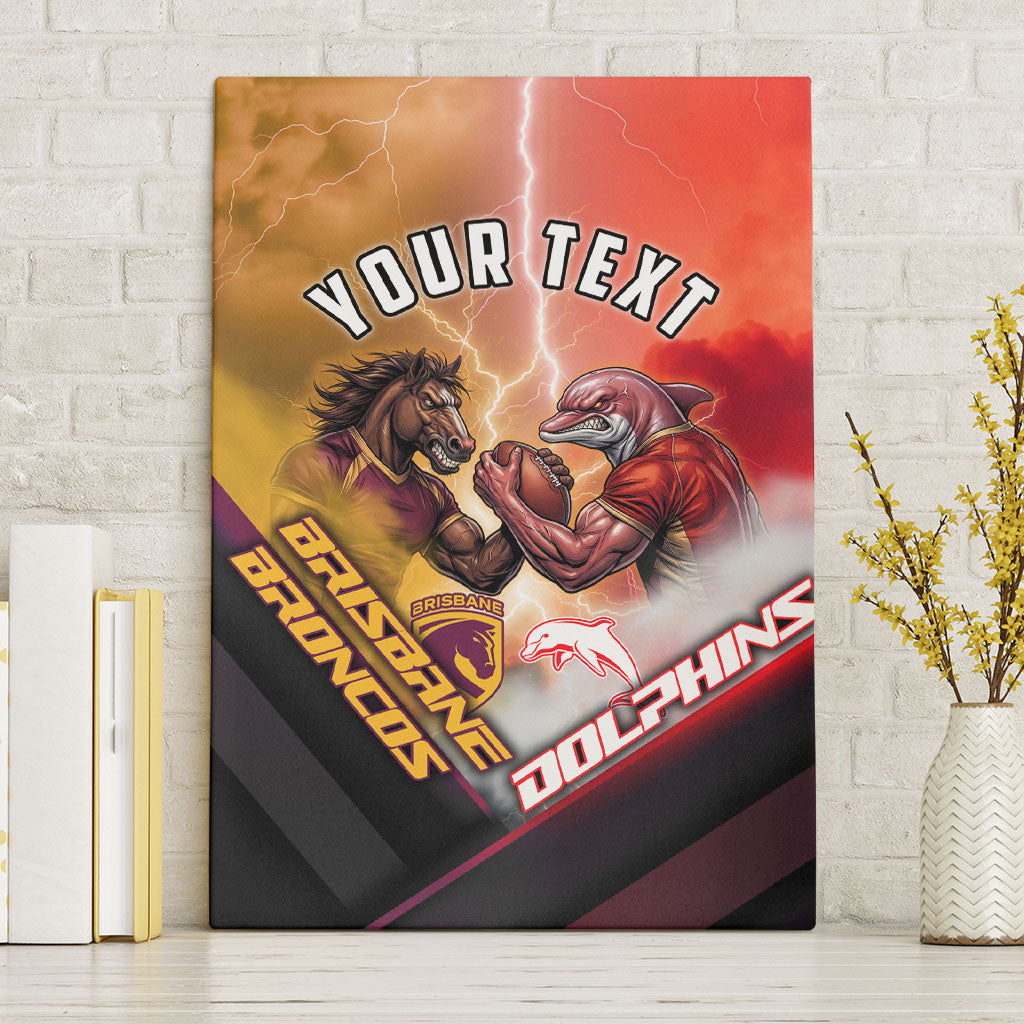Personalized Brisbane Broncos vs Dolphins Canvas Wall Art Battle Epic Lightning Storm Mascot