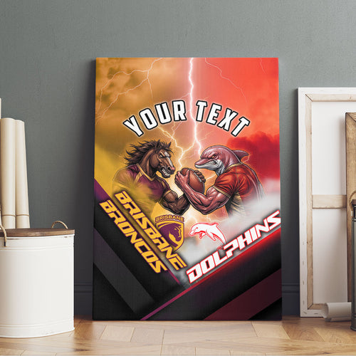 Personalized Brisbane Broncos vs Dolphins Canvas Wall Art Battle Epic Lightning Storm Mascot