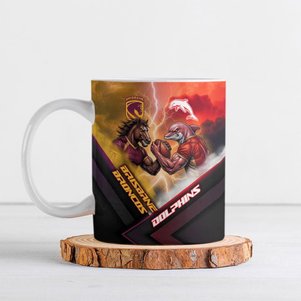 Personalized Brisbane Broncos vs Dolphins Ceramic Mug Battle Epic Lightning Storm Mascot