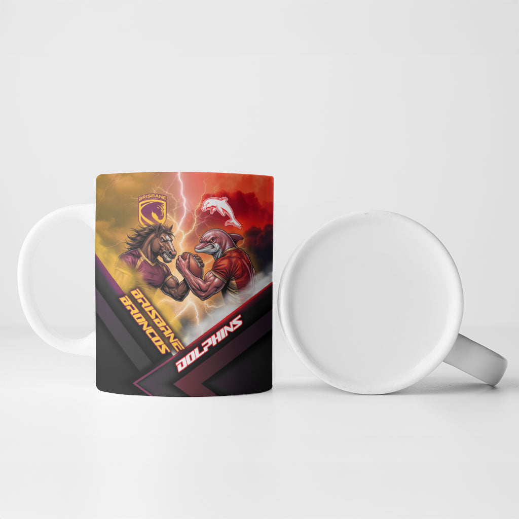 Personalized Brisbane Broncos vs Dolphins Ceramic Mug Battle Epic Lightning Storm Mascot