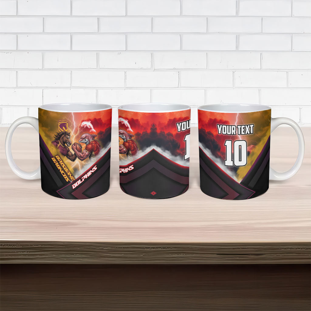 Personalized Brisbane Broncos vs Dolphins Ceramic Mug Battle Epic Lightning Storm Mascot