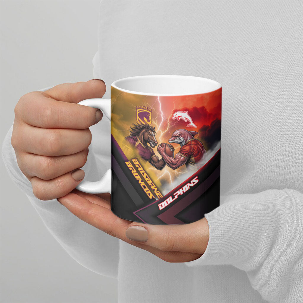Personalized Brisbane Broncos vs Dolphins Ceramic Mug Battle Epic Lightning Storm Mascot
