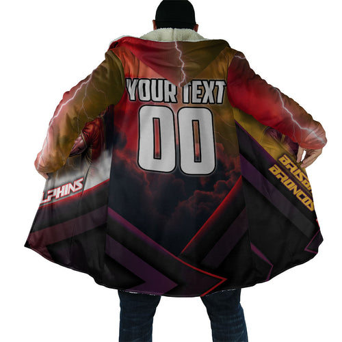 Personalized Brisbane Broncos vs Dolphins Cloak Battle Epic Lightning Storm Mascot