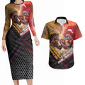 Personalized Brisbane Broncos vs Dolphins Couples Matching Long Sleeve Bodycon Dress and Hawaiian Shirt Battle Epic Lightning Storm Mascot