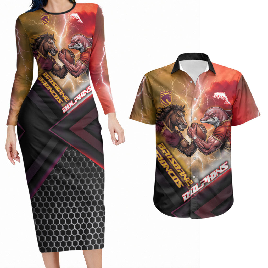 Personalized Brisbane Broncos vs Dolphins Couples Matching Long Sleeve Bodycon Dress and Hawaiian Shirt Battle Epic Lightning Storm Mascot