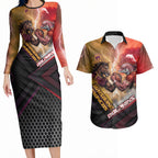 Personalized Brisbane Broncos vs Dolphins Couples Matching Long Sleeve Bodycon Dress and Hawaiian Shirt Battle Epic Lightning Storm Mascot
