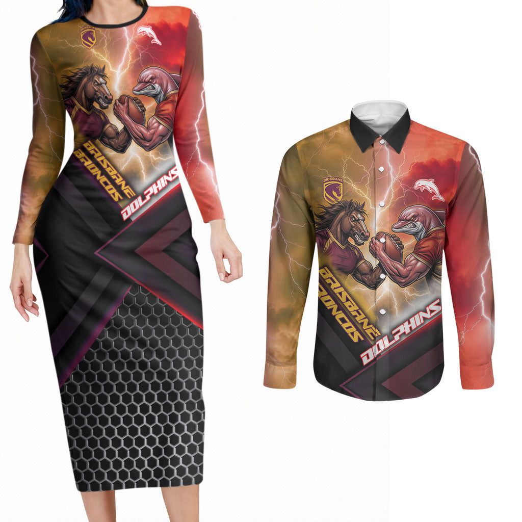 Personalized Brisbane Broncos vs Dolphins Couples Matching Long Sleeve Bodycon Dress and Long Sleeve Button Shirt Battle Epic Lightning Storm Mascot