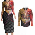 Personalized Brisbane Broncos vs Dolphins Couples Matching Long Sleeve Bodycon Dress and Long Sleeve Button Shirt Battle Epic Lightning Storm Mascot