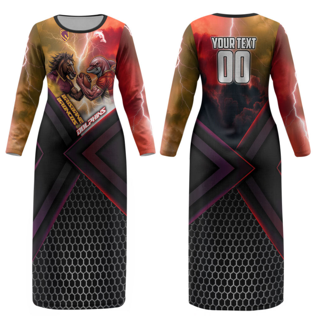 Personalized Brisbane Broncos vs Dolphins Couples Matching Long Sleeve Bodycon Dress and Long Sleeve Button Shirt Battle Epic Lightning Storm Mascot
