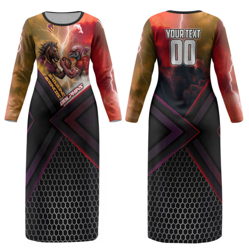 Personalized Brisbane Broncos vs Dolphins Couples Matching Long Sleeve Bodycon Dress and Long Sleeve Button Shirt Battle Epic Lightning Storm Mascot