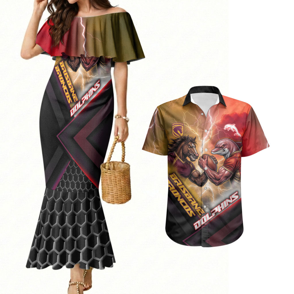 Personalized Brisbane Broncos vs Dolphins Couples Matching Mermaid Dress and Hawaiian Shirt Battle Epic Lightning Storm Mascot