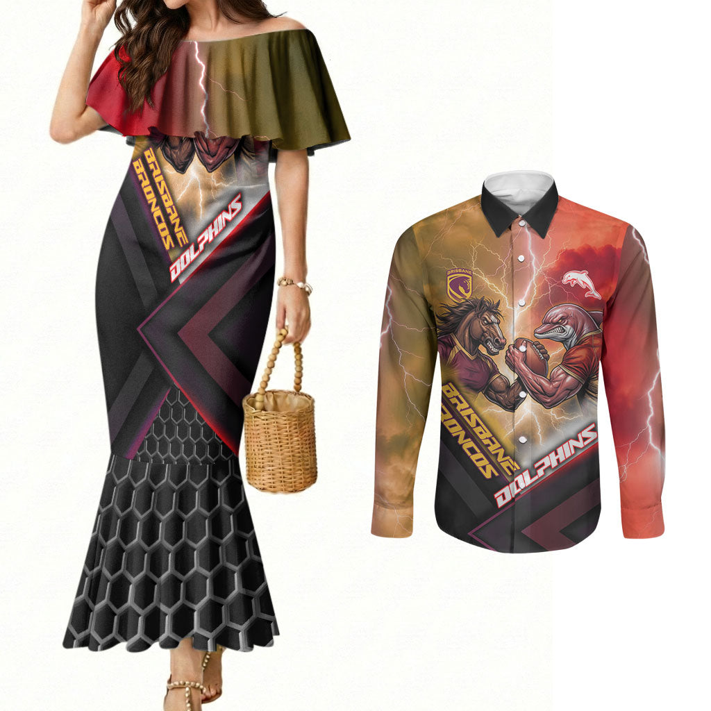 Personalized Brisbane Broncos vs Dolphins Couples Matching Mermaid Dress and Long Sleeve Button Shirt Battle Epic Lightning Storm Mascot