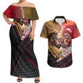 Personalized Brisbane Broncos vs Dolphins Couples Matching Off Shoulder Maxi Dress and Hawaiian Shirt Battle Epic Lightning Storm Mascot