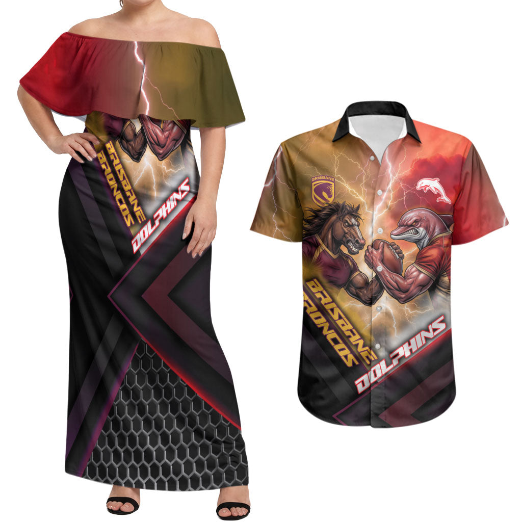 Personalized Brisbane Broncos vs Dolphins Couples Matching Off Shoulder Maxi Dress and Hawaiian Shirt Battle Epic Lightning Storm Mascot