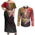 Personalized Brisbane Broncos vs Dolphins Couples Matching Off Shoulder Maxi Dress and Long Sleeve Button Shirt Battle Epic Lightning Storm Mascot