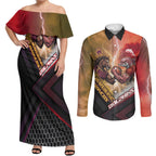 Personalized Brisbane Broncos vs Dolphins Couples Matching Off Shoulder Maxi Dress and Long Sleeve Button Shirt Battle Epic Lightning Storm Mascot