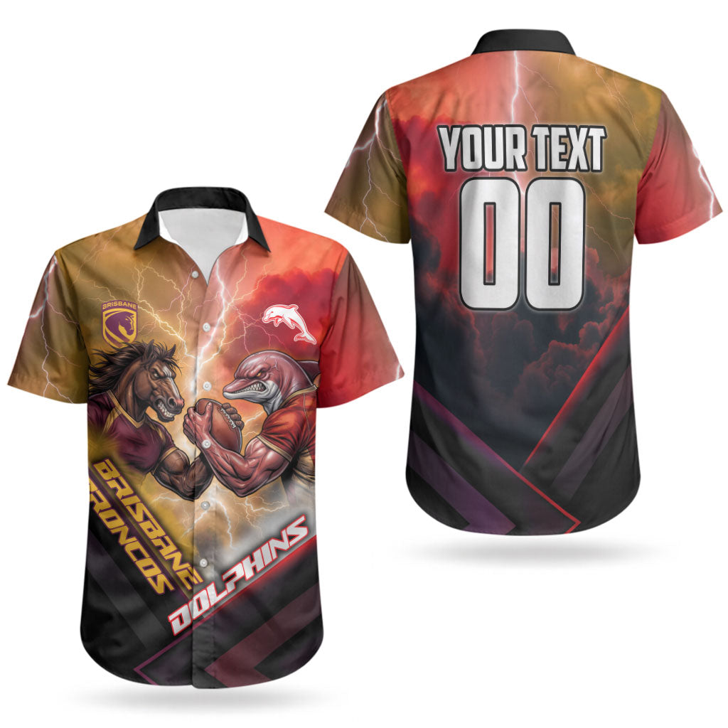 Personalized Brisbane Broncos vs Dolphins Couples Matching Off Shoulder Short Dress and Hawaiian Shirt Battle Epic Lightning Storm Mascot