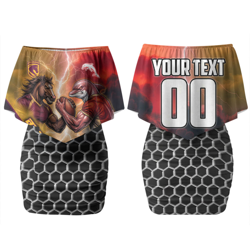 Personalized Brisbane Broncos vs Dolphins Couples Matching Off Shoulder Short Dress and Long Sleeve Button Shirt Battle Epic Lightning Storm Mascot