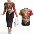 Personalized Brisbane Broncos vs Dolphins Couples Matching Off The Shoulder Long Sleeve Dress and Hawaiian Shirt Battle Epic Lightning Storm Mascot