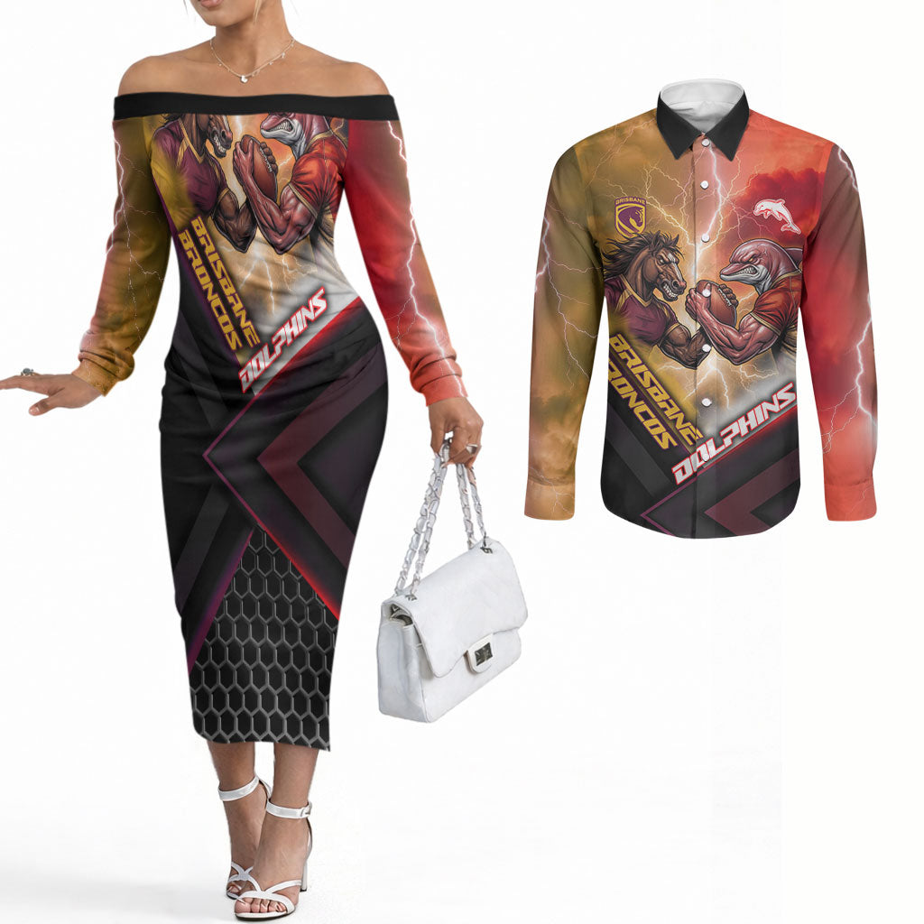 Personalized Brisbane Broncos vs Dolphins Couples Matching Off The Shoulder Long Sleeve Dress and Long Sleeve Button Shirt Battle Epic Lightning Storm Mascot
