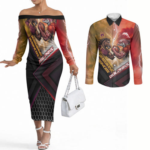 Personalized Brisbane Broncos vs Dolphins Couples Matching Off The Shoulder Long Sleeve Dress and Long Sleeve Button Shirt Battle Epic Lightning Storm Mascot
