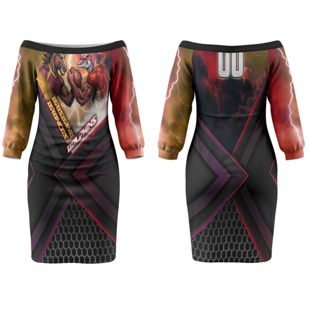 Personalized Brisbane Broncos vs Dolphins Couples Matching Off The Shoulder Long Sleeve Dress and Long Sleeve Button Shirt Battle Epic Lightning Storm Mascot