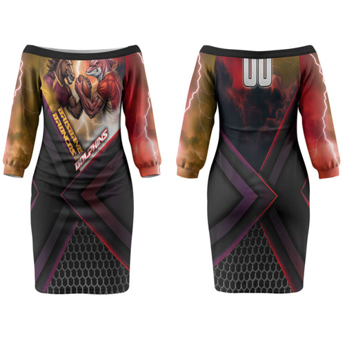 Personalized Brisbane Broncos vs Dolphins Couples Matching Off The Shoulder Long Sleeve Dress and Long Sleeve Button Shirt Battle Epic Lightning Storm Mascot