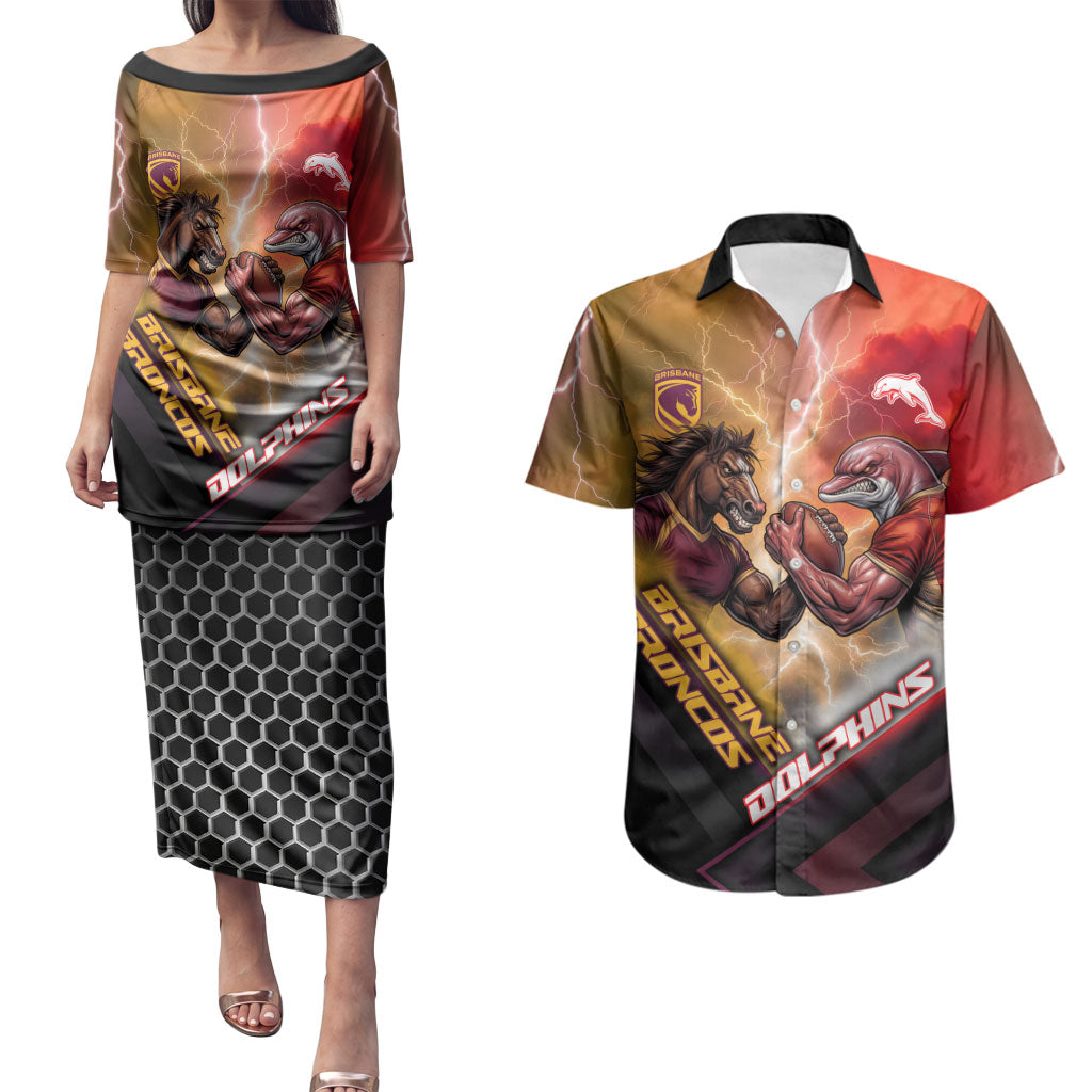 Personalized Brisbane Broncos vs Dolphins Couples Matching Puletasi and Hawaiian Shirt Battle Epic Lightning Storm Mascot