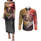 Personalized Brisbane Broncos vs Dolphins Couples Matching Puletasi and Long Sleeve Button Shirt Battle Epic Lightning Storm Mascot