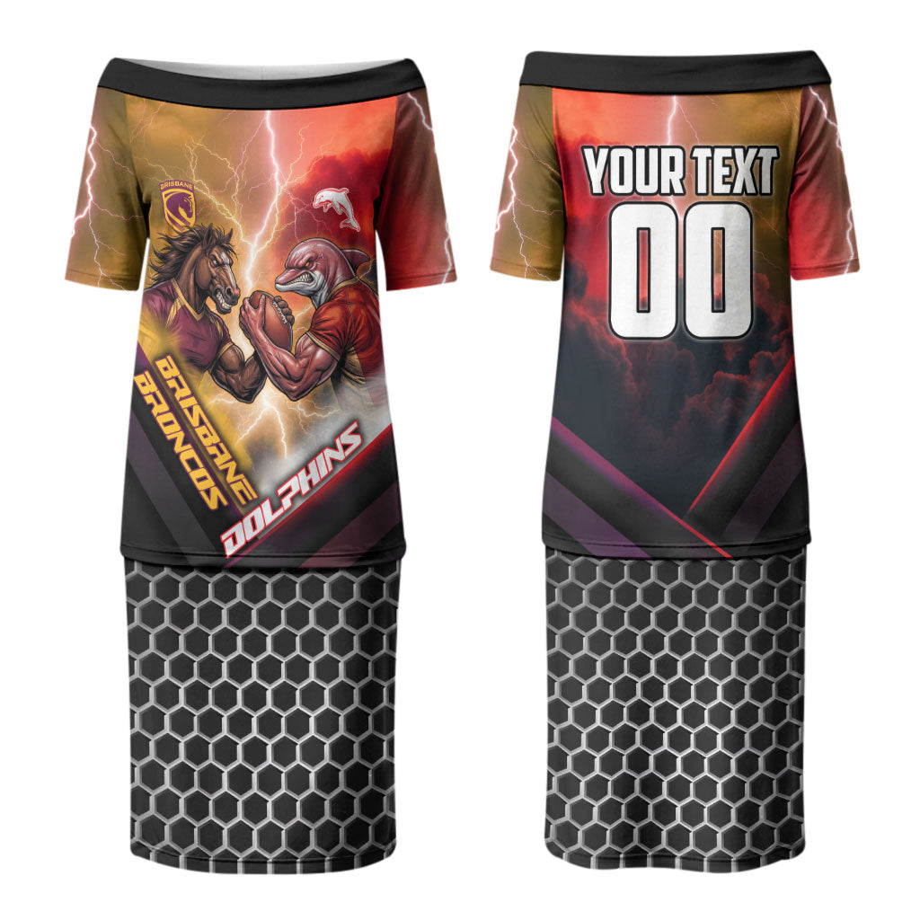 Personalized Brisbane Broncos vs Dolphins Couples Matching Puletasi and Long Sleeve Button Shirt Battle Epic Lightning Storm Mascot