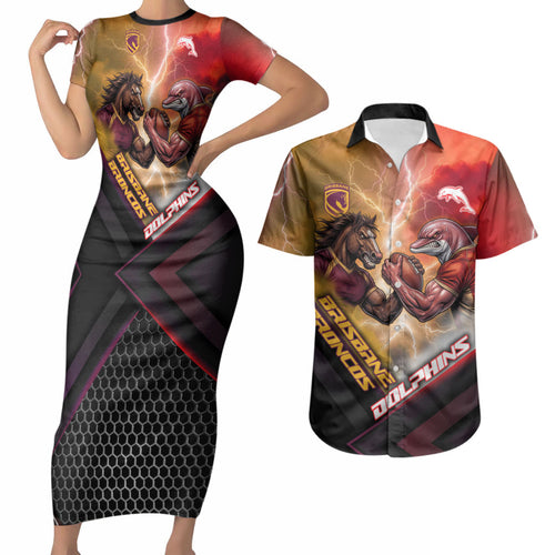 Personalized Brisbane Broncos vs Dolphins Couples Matching Short Sleeve Bodycon Dress and Hawaiian Shirt Battle Epic Lightning Storm Mascot