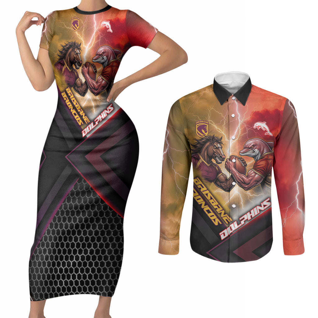 Personalized Brisbane Broncos vs Dolphins Couples Matching Short Sleeve Bodycon Dress and Long Sleeve Button Shirt Battle Epic Lightning Storm Mascot