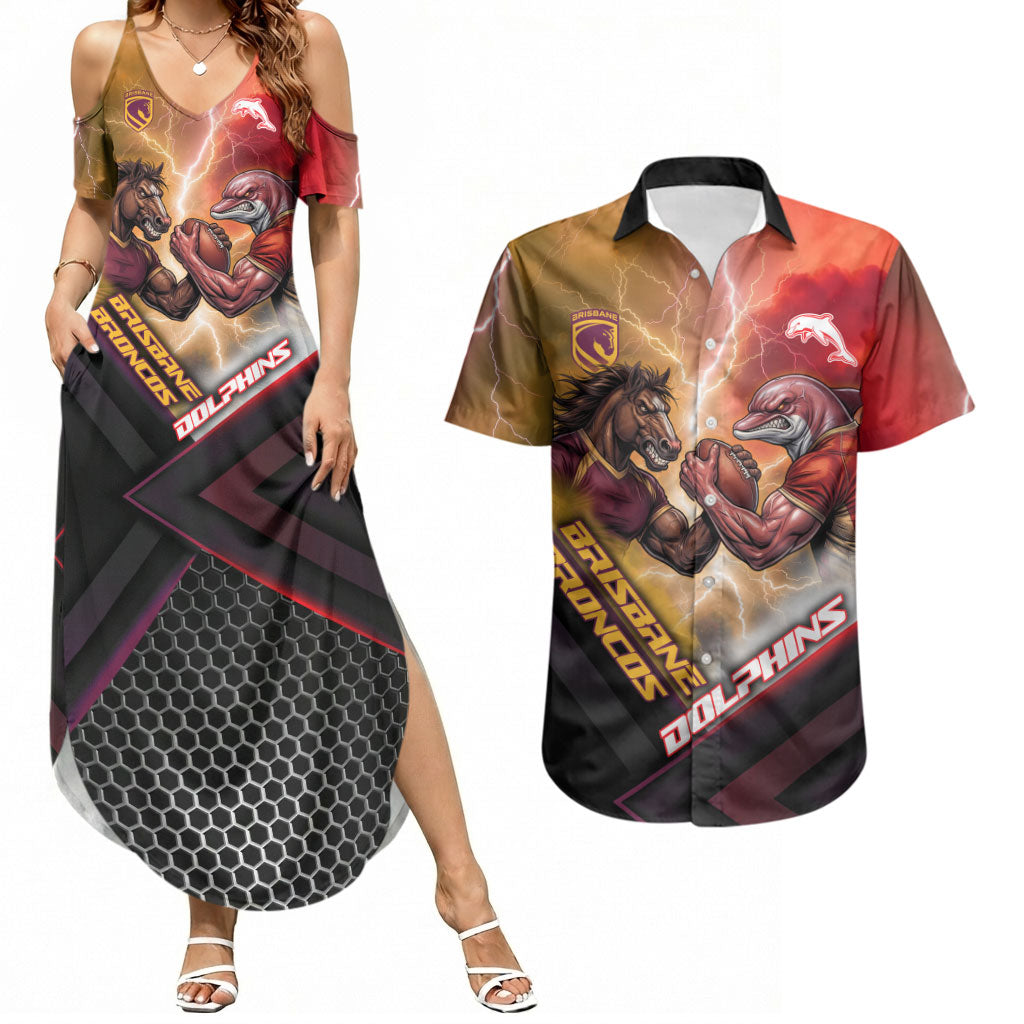 Personalized Brisbane Broncos vs Dolphins Couples Matching Summer Maxi Dress and Hawaiian Shirt Battle Epic Lightning Storm Mascot