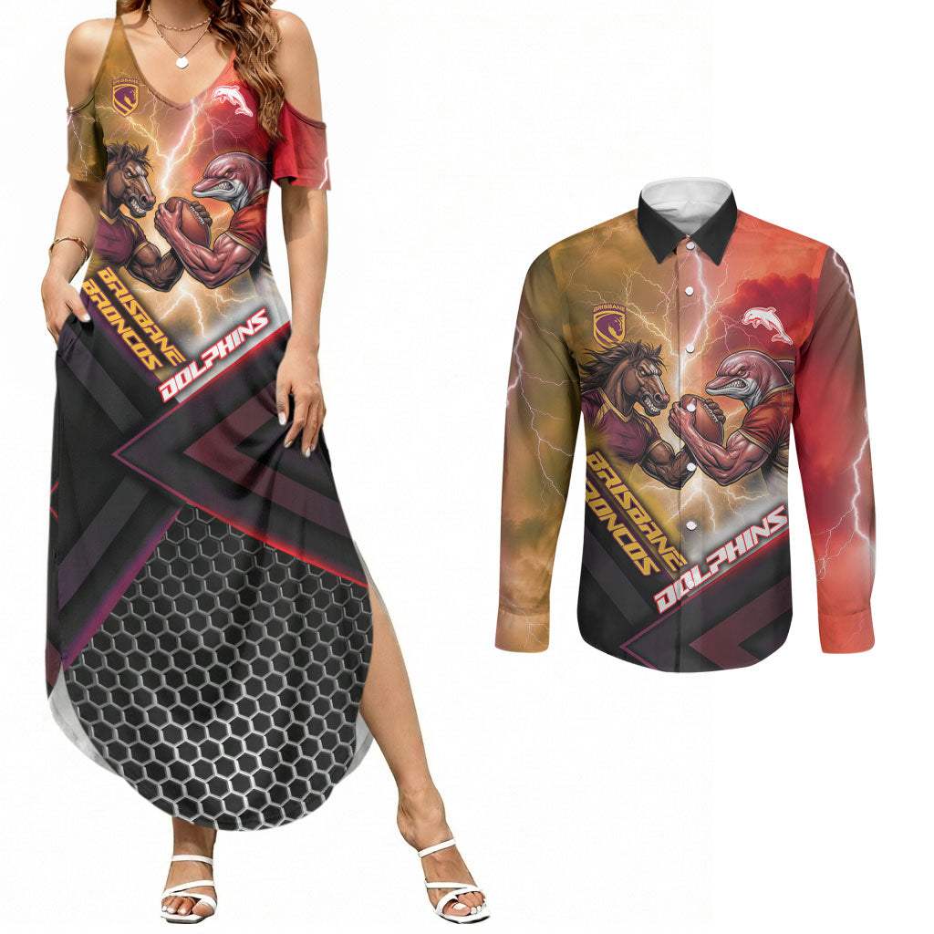 Personalized Brisbane Broncos vs Dolphins Couples Matching Summer Maxi Dress and Long Sleeve Button Shirt Battle Epic Lightning Storm Mascot