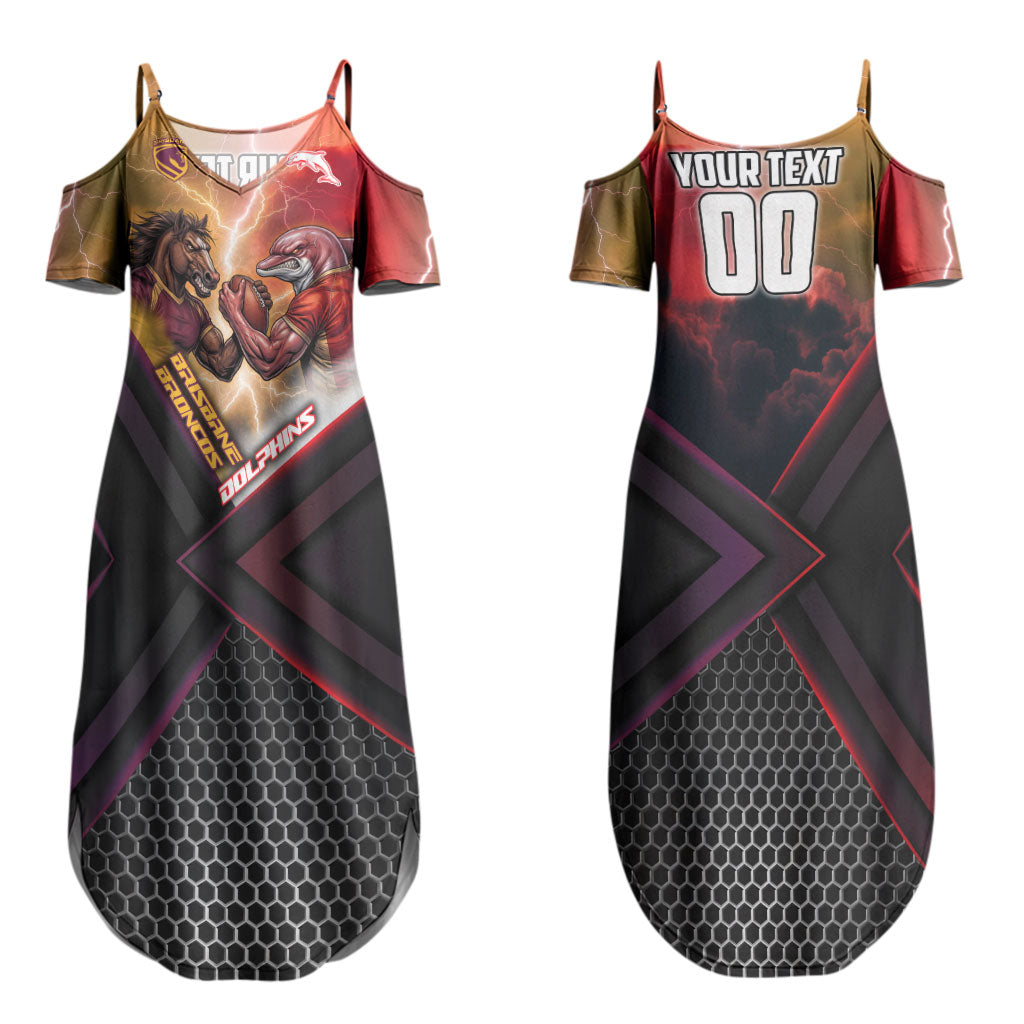 Personalized Brisbane Broncos vs Dolphins Couples Matching Summer Maxi Dress and Long Sleeve Button Shirt Battle Epic Lightning Storm Mascot