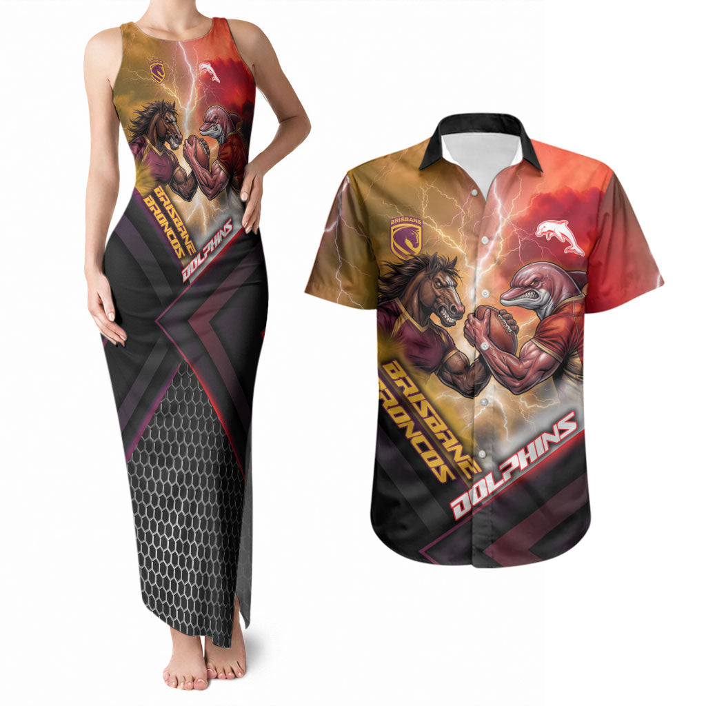 Personalized Brisbane Broncos vs Dolphins Couples Matching Tank Maxi Dress and Hawaiian Shirt Battle Epic Lightning Storm Mascot