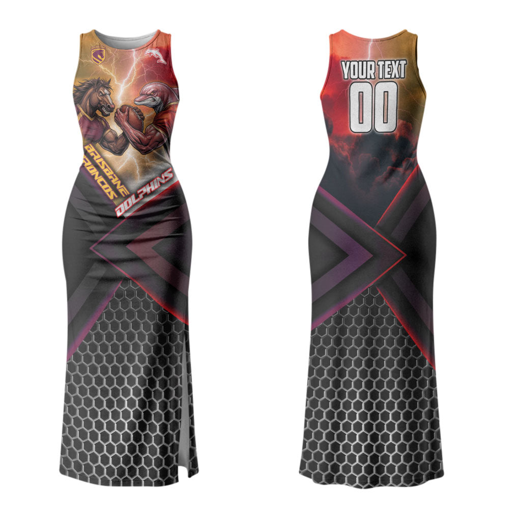 Personalized Brisbane Broncos vs Dolphins Couples Matching Tank Maxi Dress and Hawaiian Shirt Battle Epic Lightning Storm Mascot